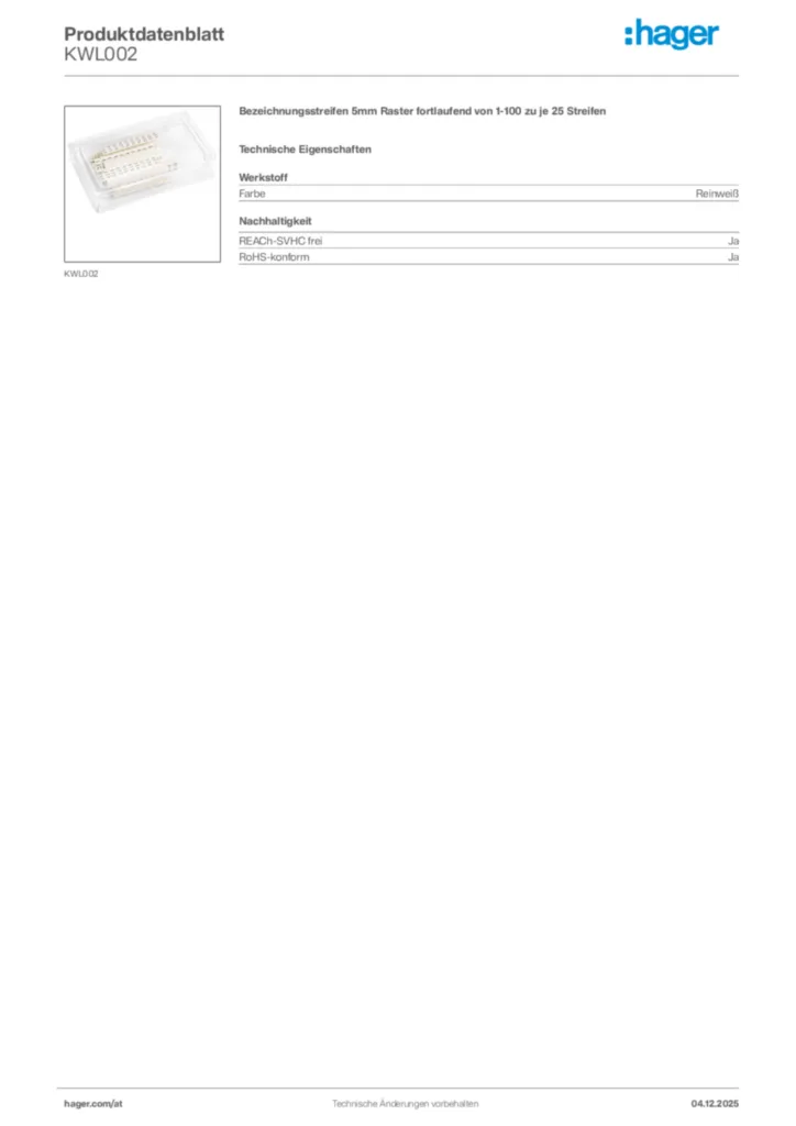 Bild Hager Produktdatenblatt KWL002 | Hager Deutschland