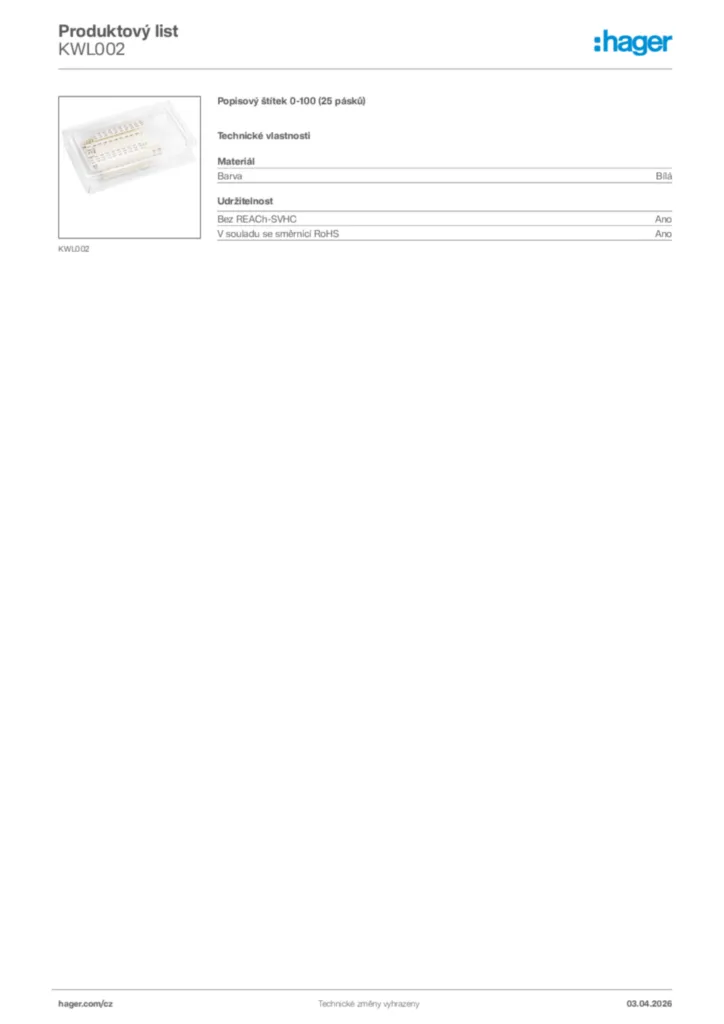 Obrázek Hager Product data sheet KWL002 | Hager