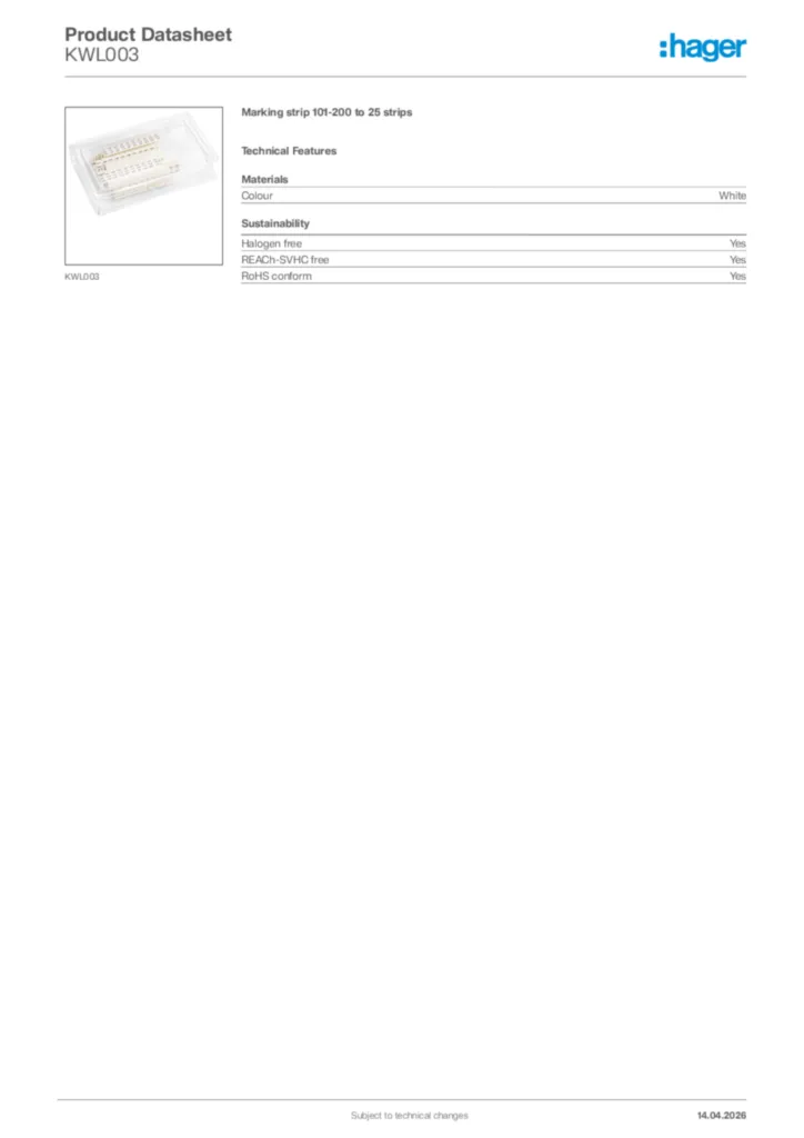 Image Hager Product data sheet KWL003  | Hager Africa