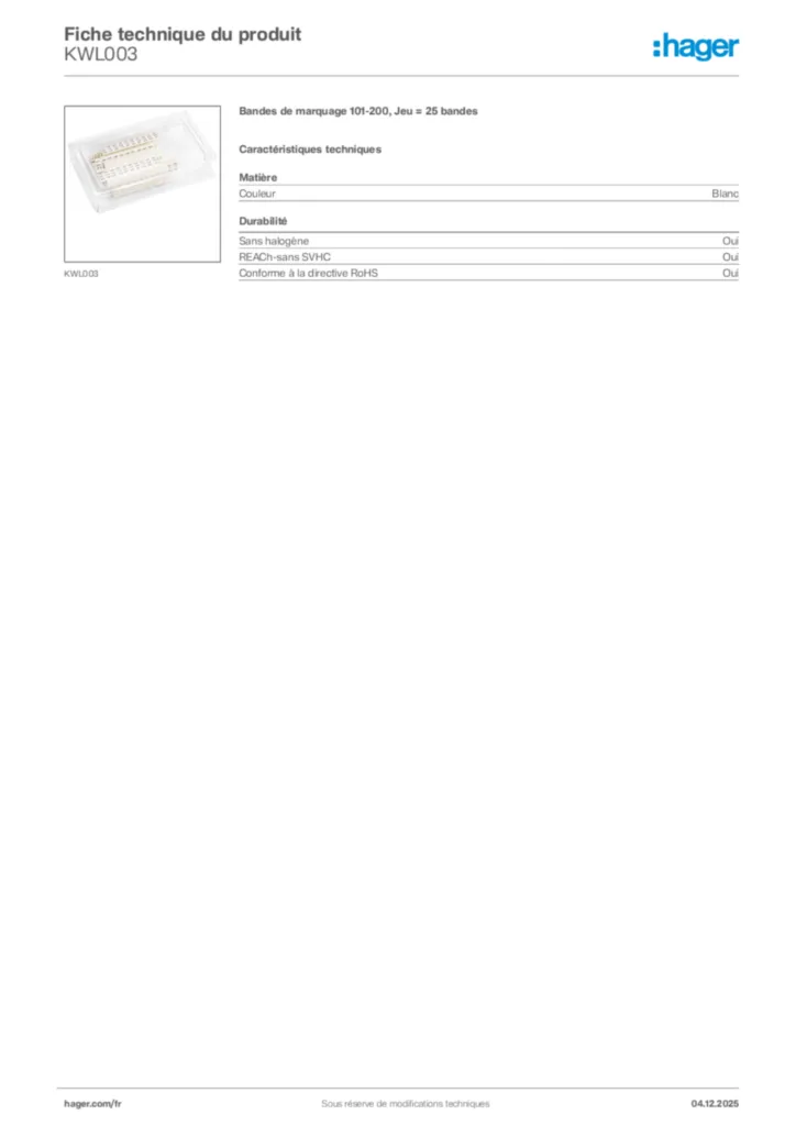 Image Hager Fiche technique du produit KWL003 | Hager France