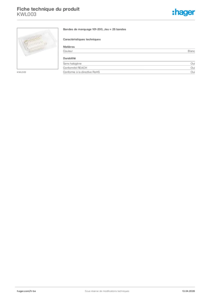 Image Hager Fiche technique du produit KWL003 | Hager Belgique
