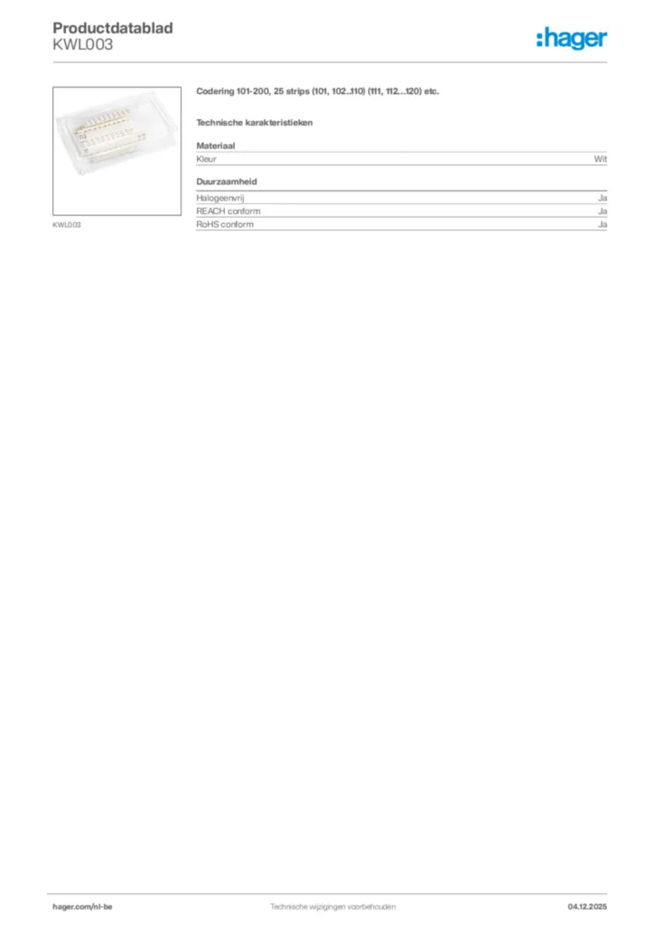 Afbeelding Hager Productdatablad KWL003 | Hager Belgium