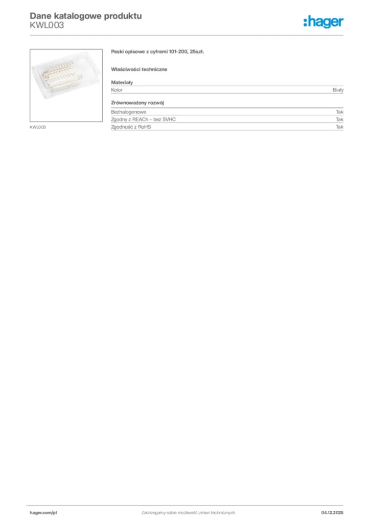 Zdjęcie Hager Dane katalogowe produktu KWL003 | Hager Polska