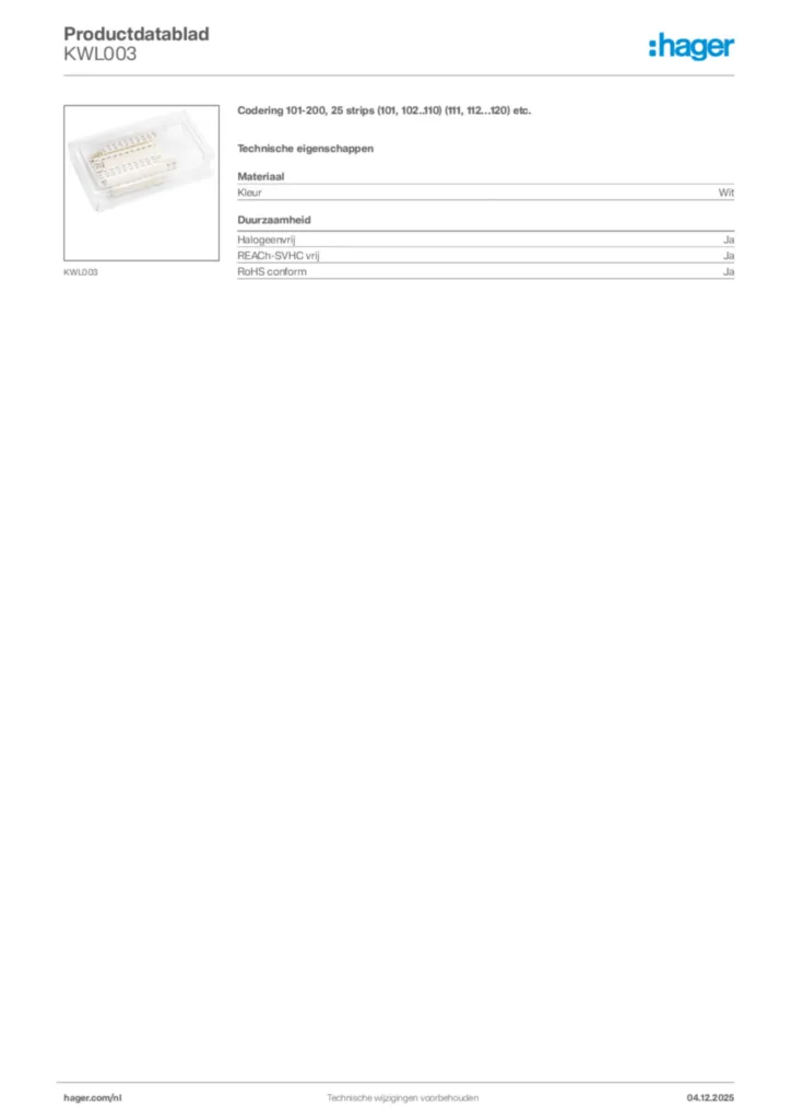 Afbeelding Hager Productdatablad KWL003 | Hager Nederland