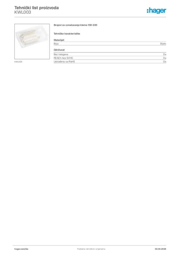 Slika Hager Tehnički list proizvoda KWL003  | Hager
