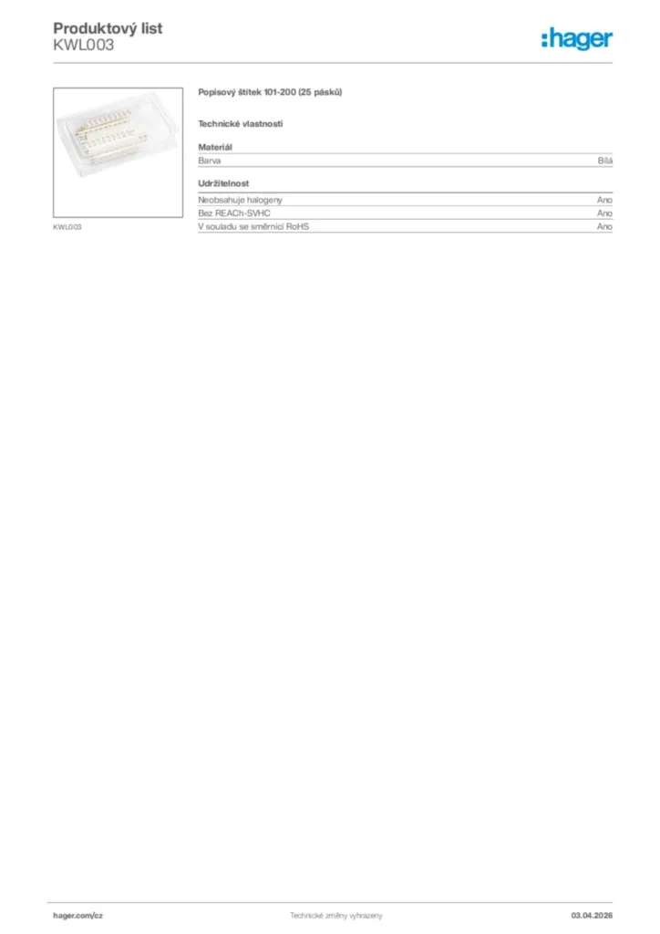 Obrázek Hager Product data sheet KWL003 | Hager