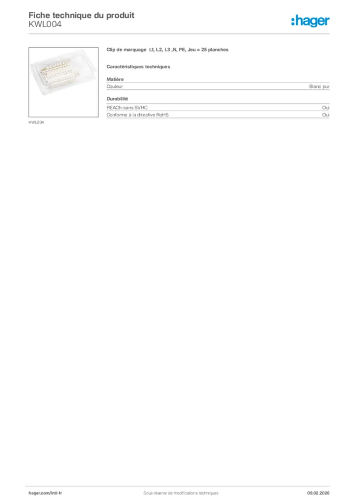 Image Hager Fiche technique du produit KWL004 | Hager Afrique