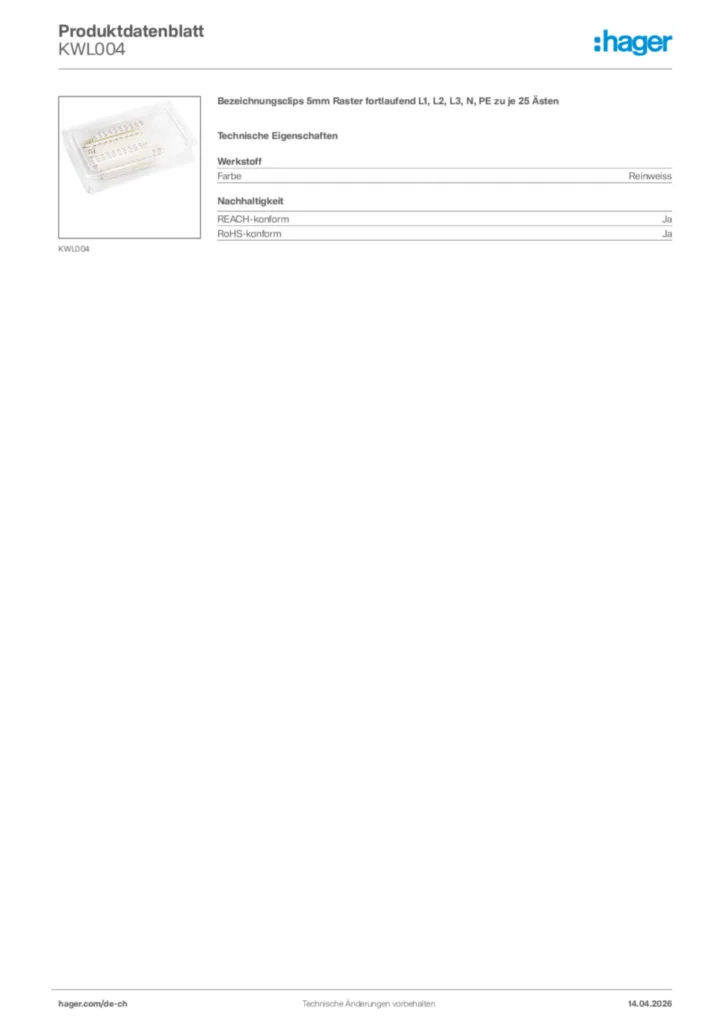 Bild Hager Produktdatenblatt KWL004 | Hager Schweiz