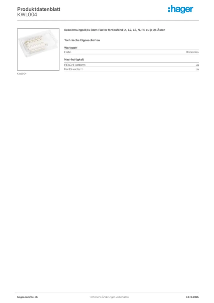 Bild Hager Produktdatenblatt KWL004 | Hager Schweiz
