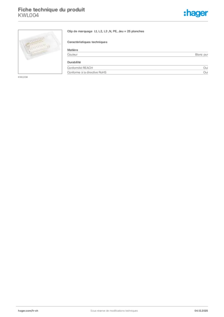 Image Hager Fiche technique du produit KWL004 | Hager Suisse