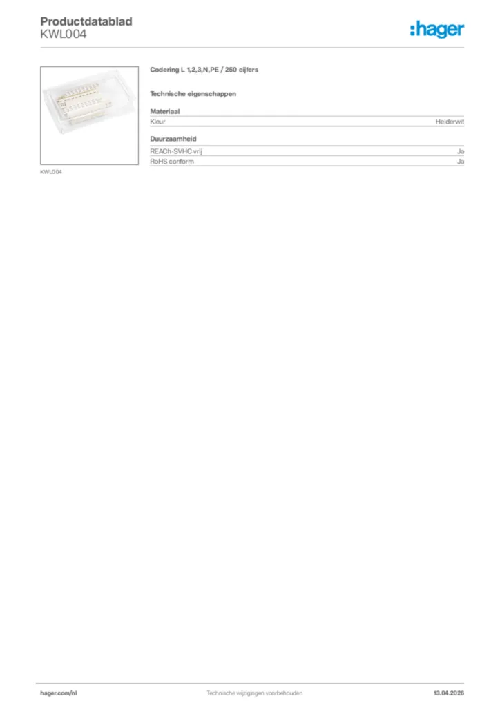 Afbeelding Hager Productdatablad KWL004 | Hager Nederland