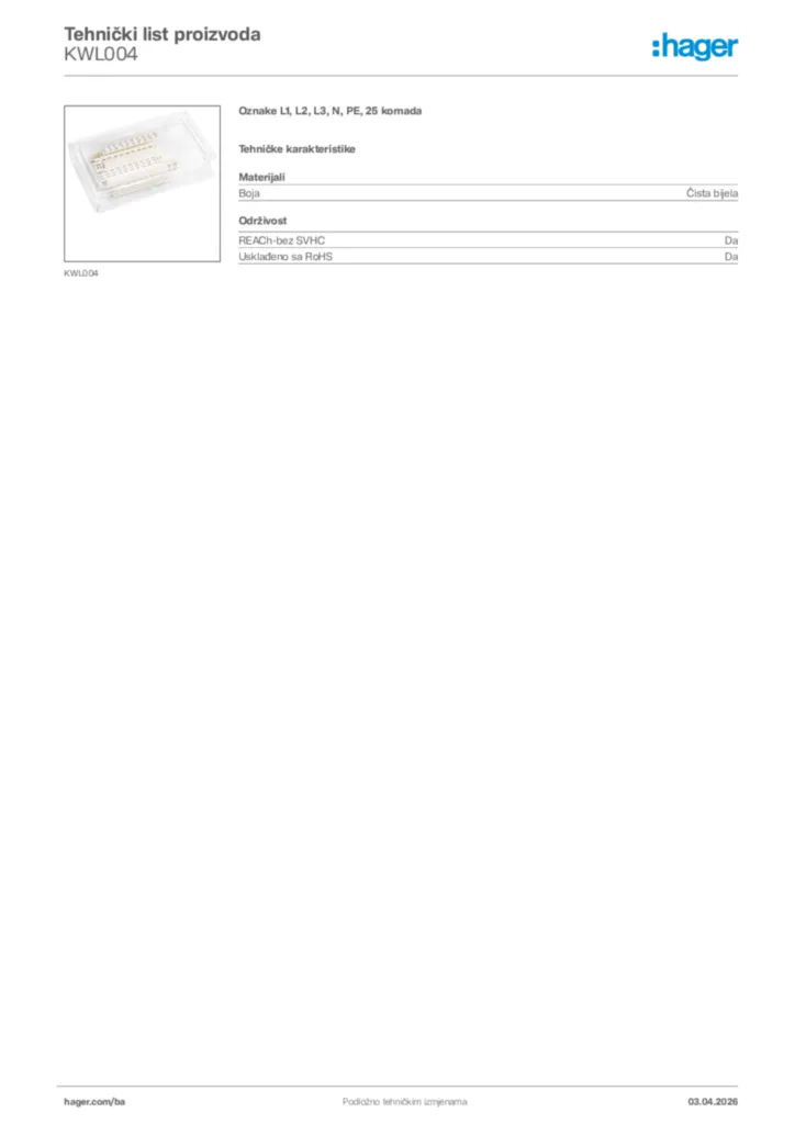 Slika Hager Tehnički list proizvoda KWL004  | Hager