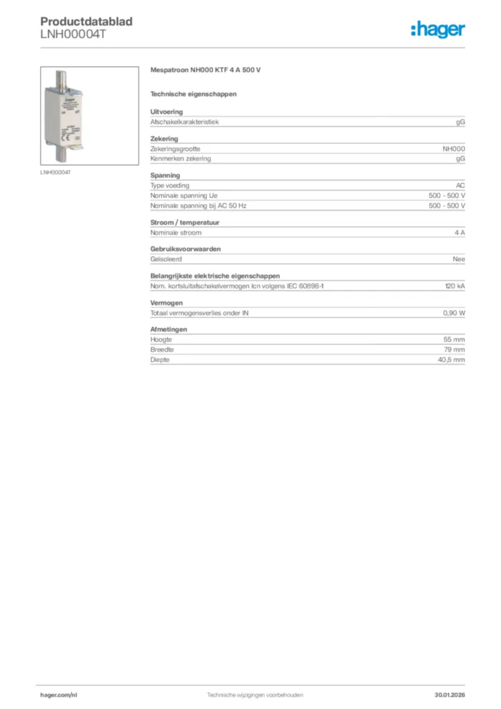 Afbeelding Hager Productdatablad LNH00004T | Hager Nederland