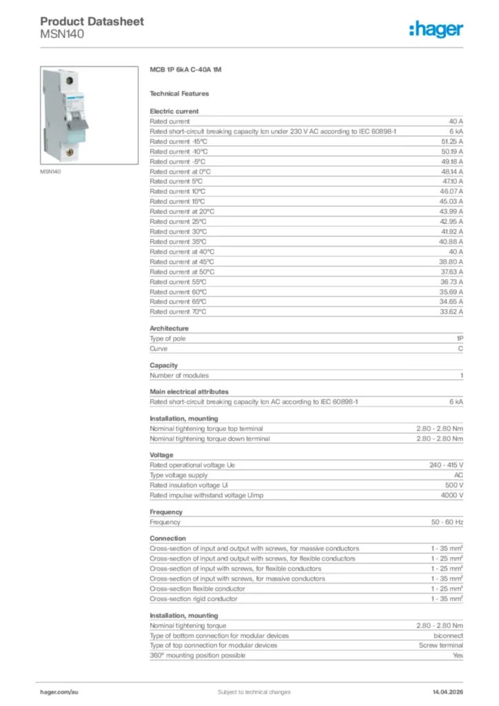 Image Hager Product data sheet MSN140  | Hager Australia