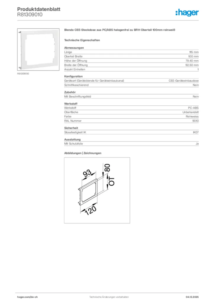Bild Hager Produktdatenblatt R81309010 | Hager Schweiz