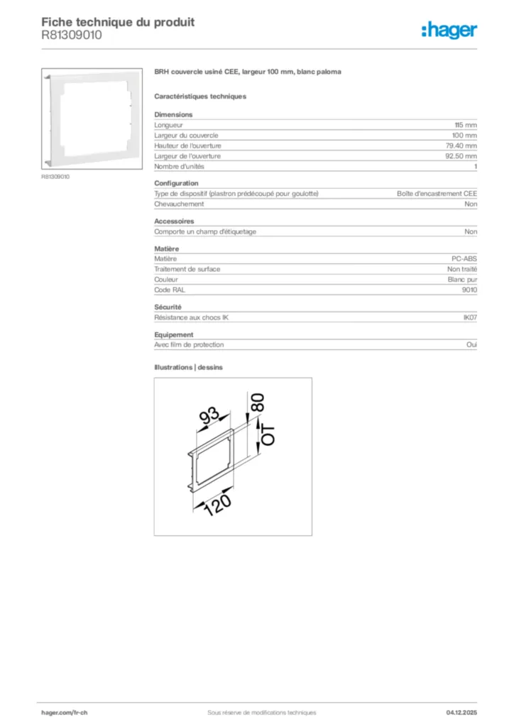 Image Hager Fiche technique du produit R81309010 | Hager Suisse