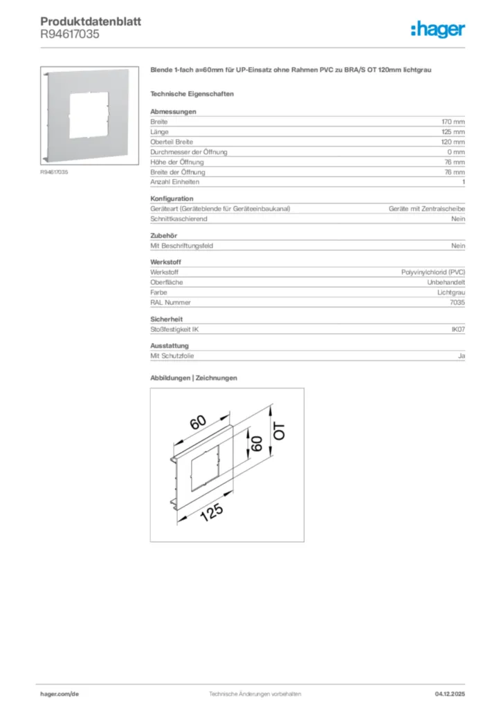 Bild Hager Produktdatenblatt R94617035 | Hager Deutschland