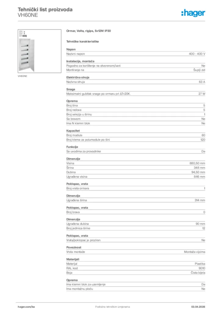 Slika Hager Tehnički list proizvoda VH60NE  | Hager