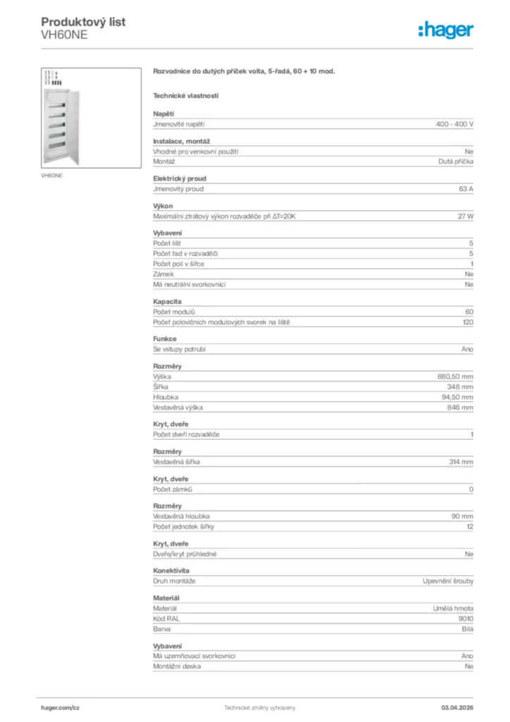 Obrázek Hager Product data sheet VH60NE | Hager