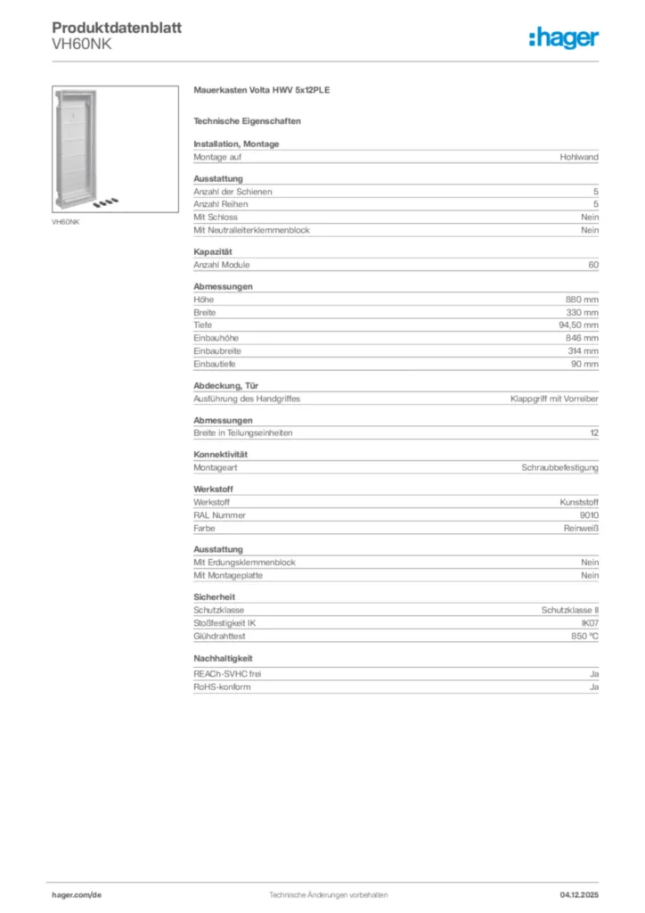 Hager Produktdatenblatt VH60NK