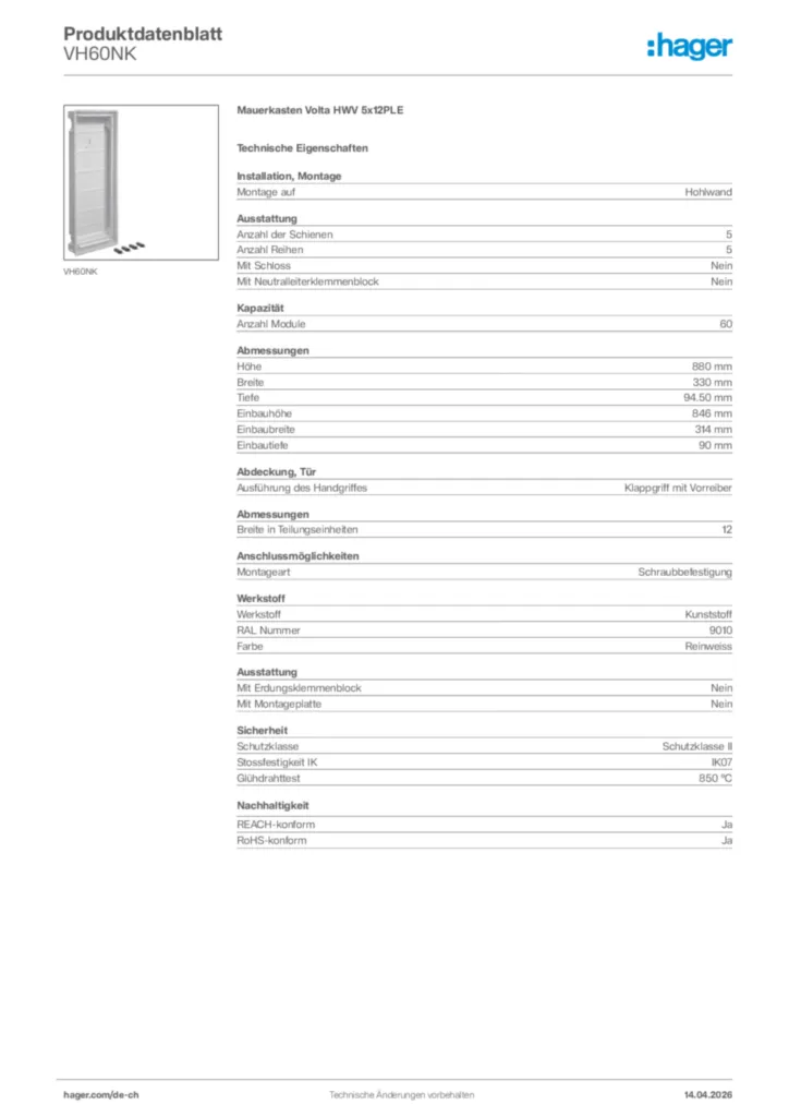 Bild Hager Produktdatenblatt VH60NK | Hager Schweiz