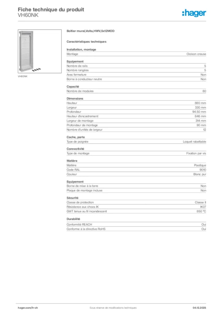 Image Hager Fiche technique du produit VH60NK | Hager Suisse