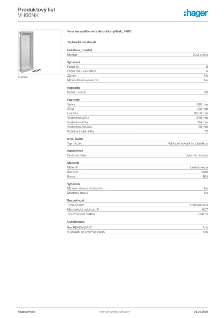 Obrázek Hager Product data sheet VH60NK | Hager