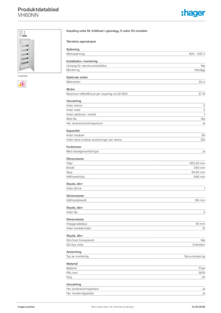 Bild Hager Produktdatablad VH60NN | Hager Sverige