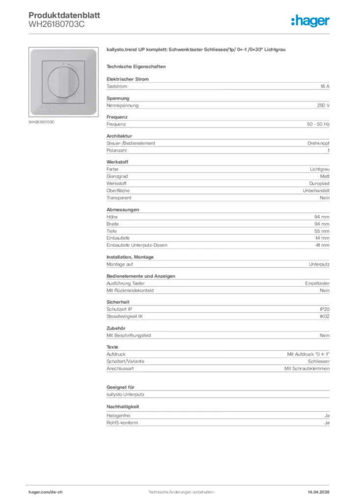Bild Hager Produktdatenblatt WH26180703C | Hager Schweiz
