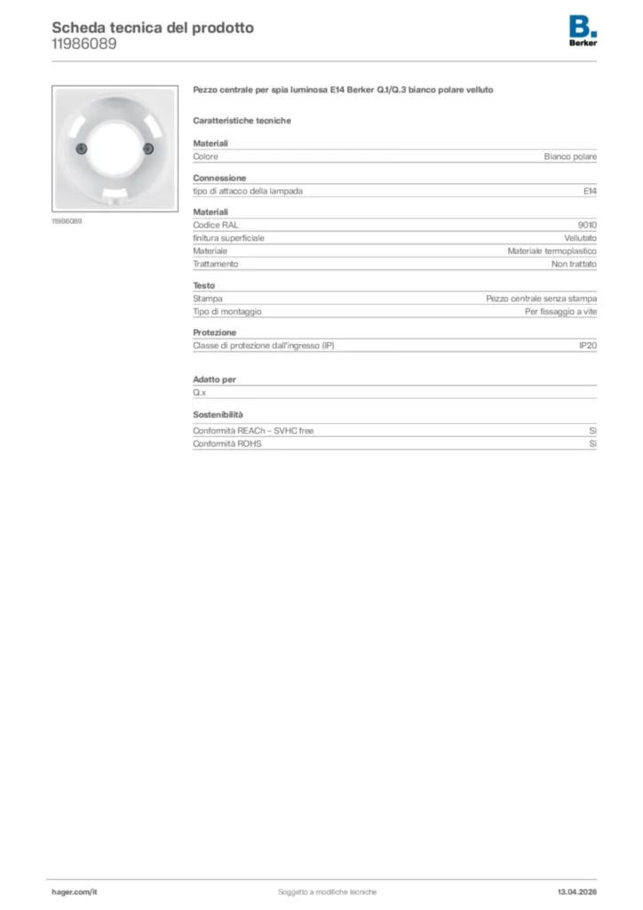 Immagine Berker Scheda tecnica del prodotto 11986089 | Hager Italia