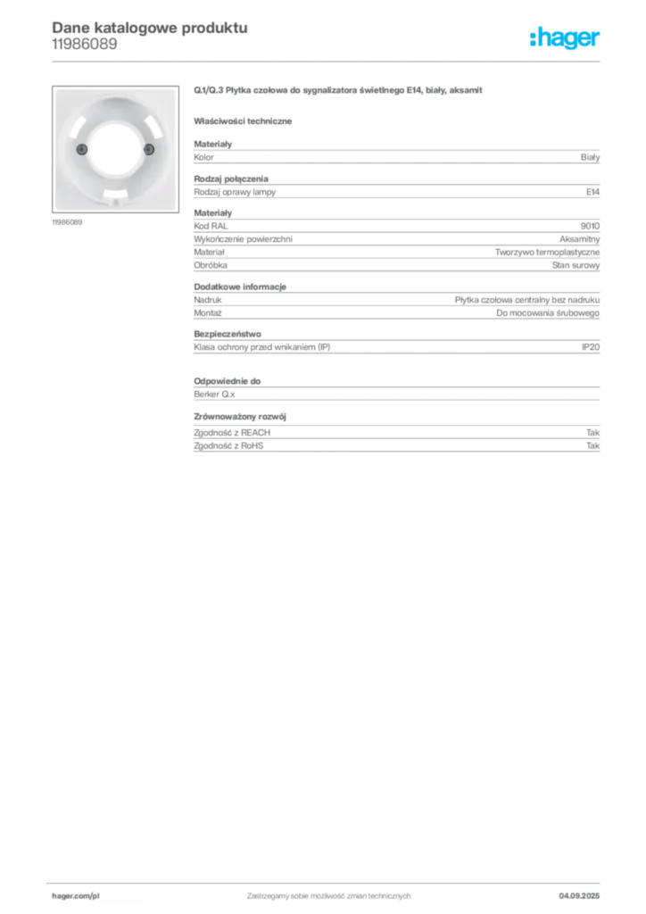 Zdjęcie Hager Dane katalogowe produktu 11986089 | Hager Polska