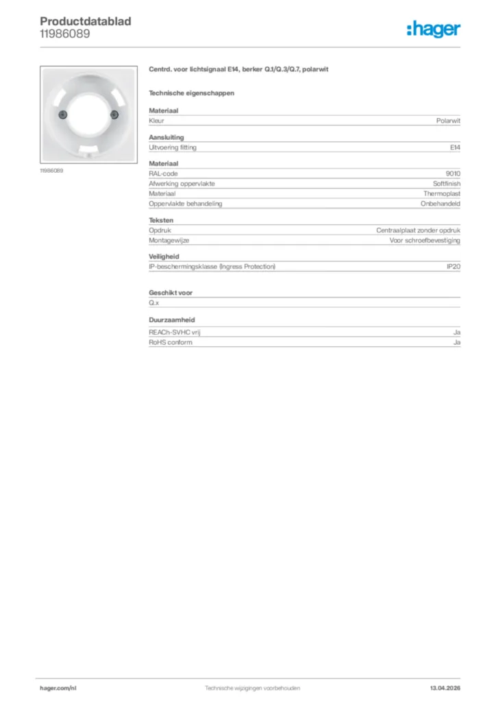 Afbeelding Hager Productdatablad 11986089 | Hager Nederland
