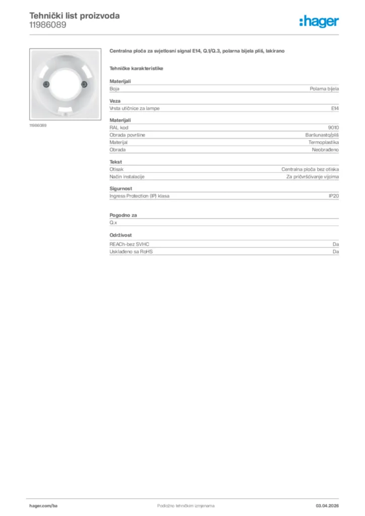 Slika Hager Tehnički list proizvoda 11986089  | Hager