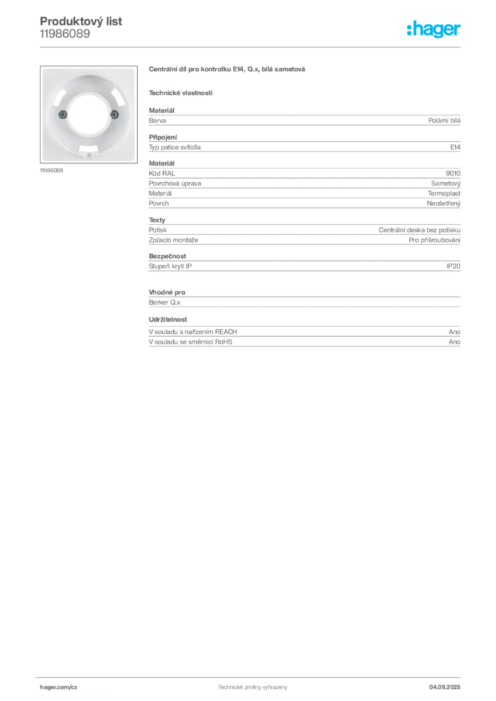 Obrázek Hager Produktový list 11986089 | Hager