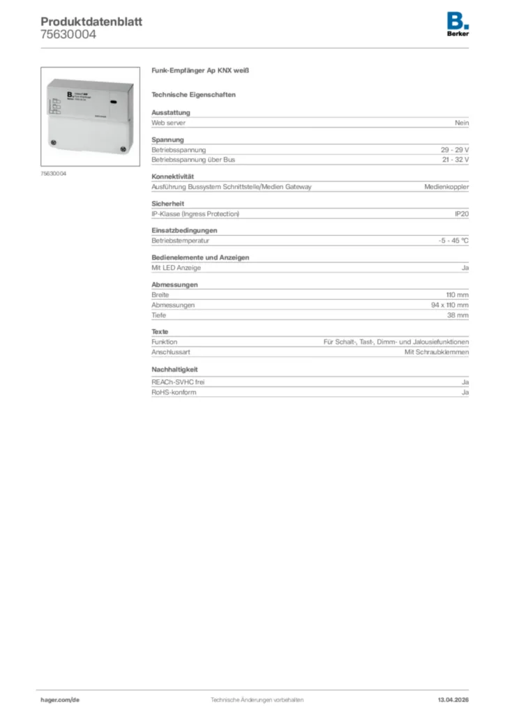 Bild Berker Produktdatenblatt 75630004 | Hager Deutschland