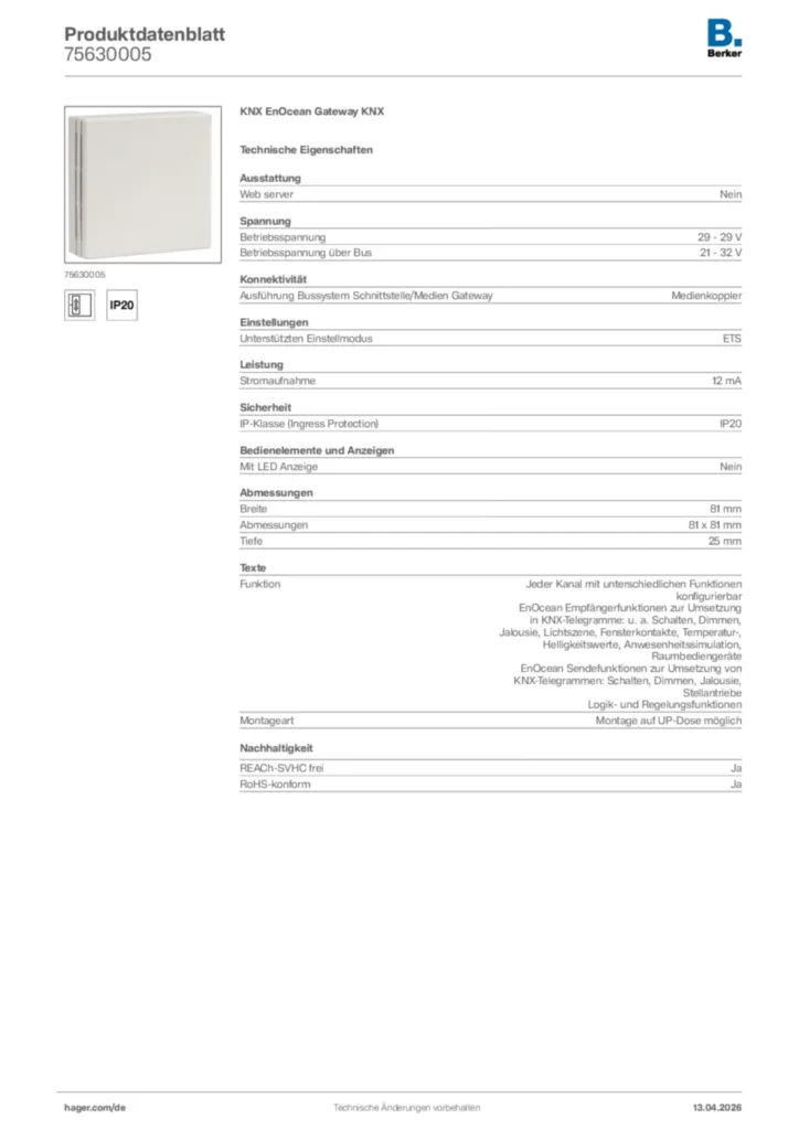 Bild Berker Produktdatenblatt 75630005 | Hager Deutschland