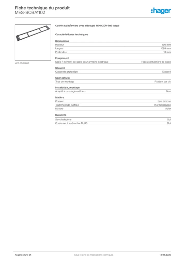 Image Hager Fiche technique du produit MES-SOBA1102 | Hager Suisse