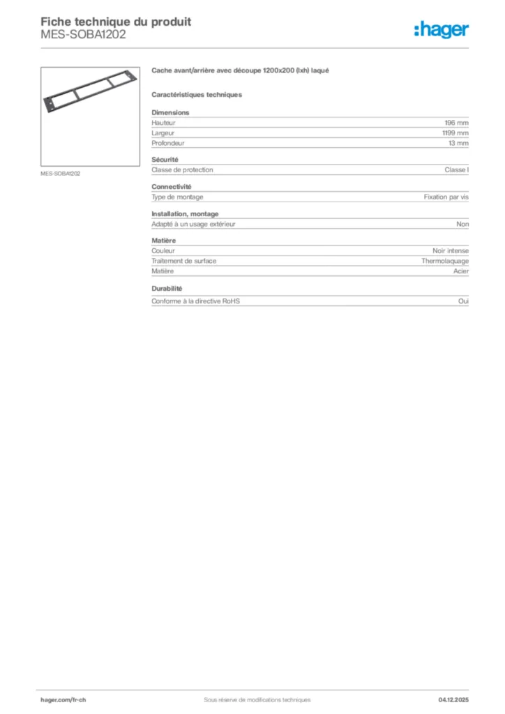 Image Hager Fiche technique du produit MES-SOBA1202 | Hager Suisse