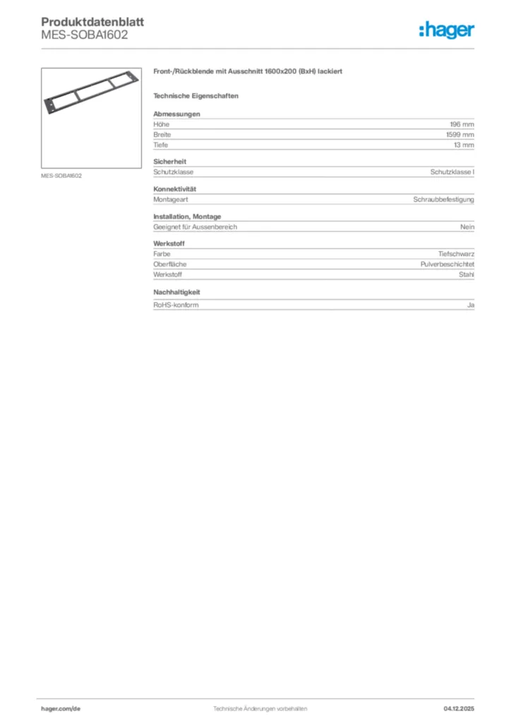 Bild Hager Produktdatenblatt MES-SOBA1602 | Hager Deutschland