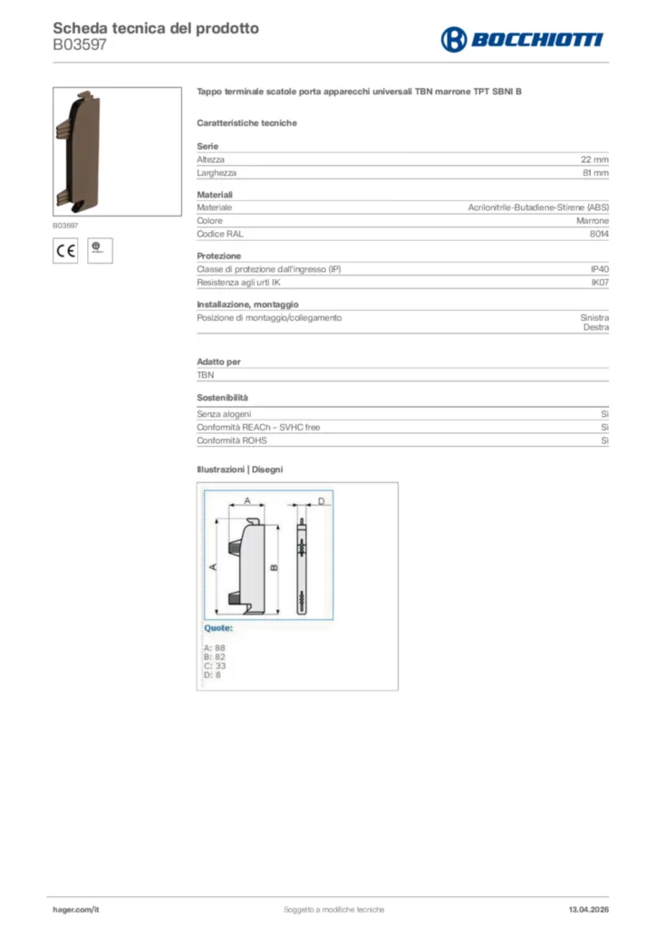 Immagine Bocchiotti Scheda tecnica del prodotto B03597 | Hager Italia