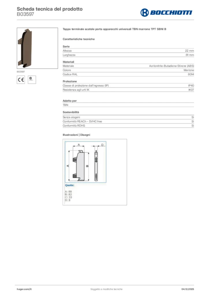 Immagine Bocchiotti Scheda tecnica del prodotto B03597 | Hager Italia