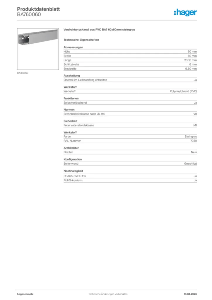 Bild Hager Produktdatenblatt BA760060 | Hager Deutschland