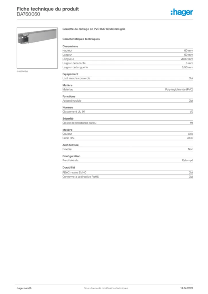 Image Hager Fiche technique du produit BA760060 | Hager France