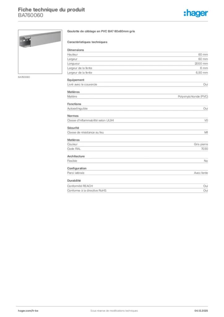 Image Hager Fiche technique du produit BA760060 | Hager Belgique