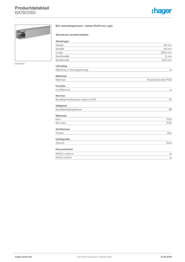 Afbeelding Hager Productdatablad BA760060 | Hager Belgium