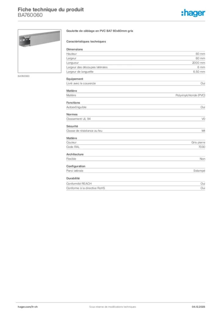 Image Hager Fiche technique du produit BA760060 | Hager Suisse