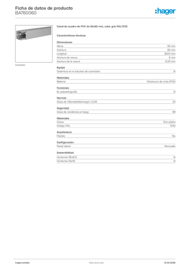 Imagen Hager Ficha de datos de producto BA760060 | Hager España