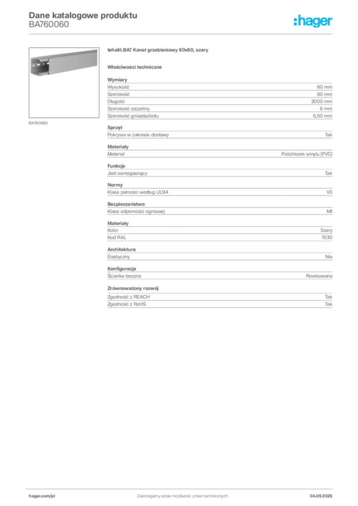 Zdjęcie Hager Dane katalogowe produktu BA760060 | Hager Polska