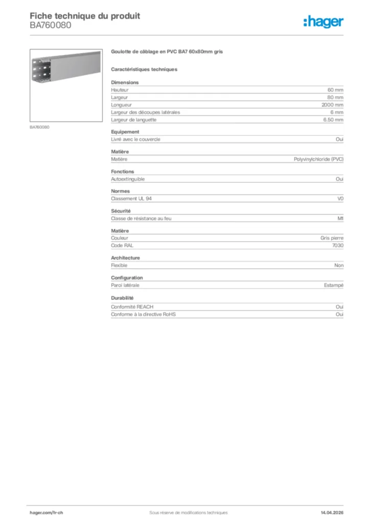 Image Hager Fiche technique du produit BA760080 | Hager Suisse