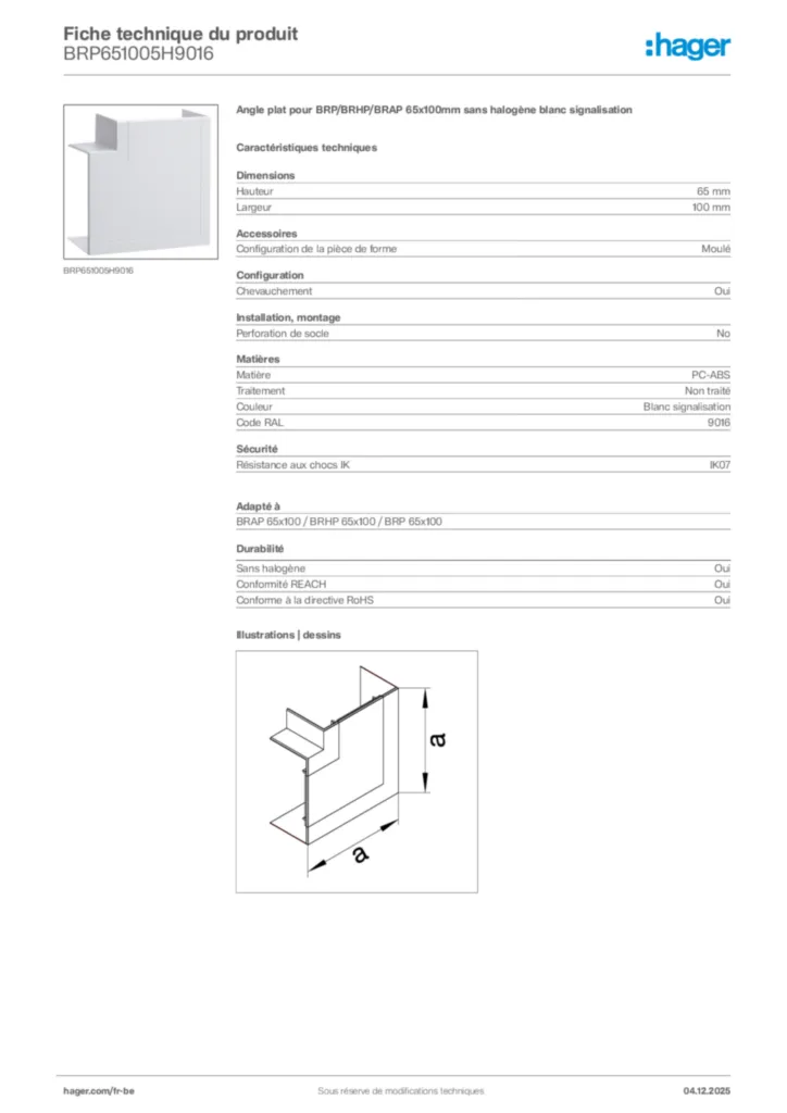 Image Hager Fiche technique du produit BRP651005H9016 | Hager Belgique